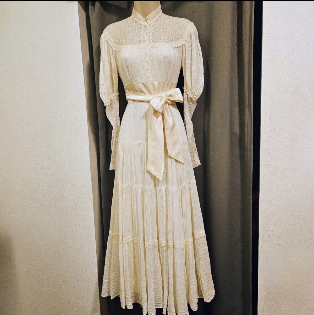 Ivory Gunne Sax No Tag Maxi Dress High Neck Lace Size Small